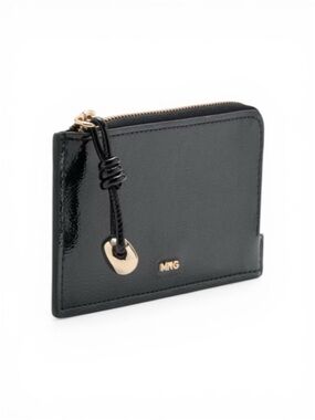 Mango Black Patent Trim Zip Wallet with Gold Accent